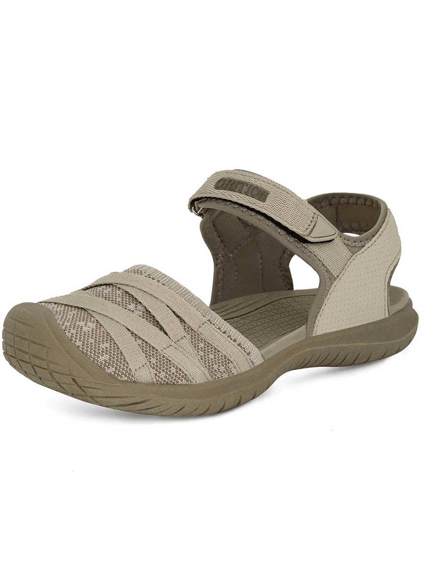 Beige casual closed toe flat heels women's sandals with EVA insole and hook & loop closure, perfect for walking and trekking.